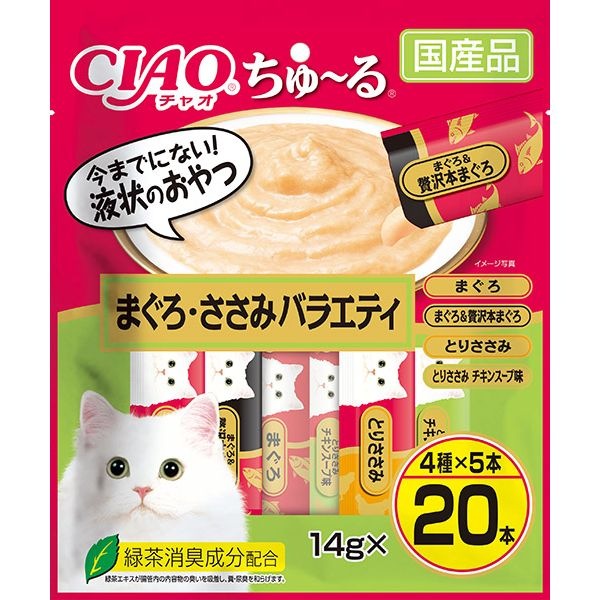 （まとめ買い）いなばペットフード CIAO ちゅる まぐろ/ささみバラエティ 14gx20本入 猫用おやつ [x4]