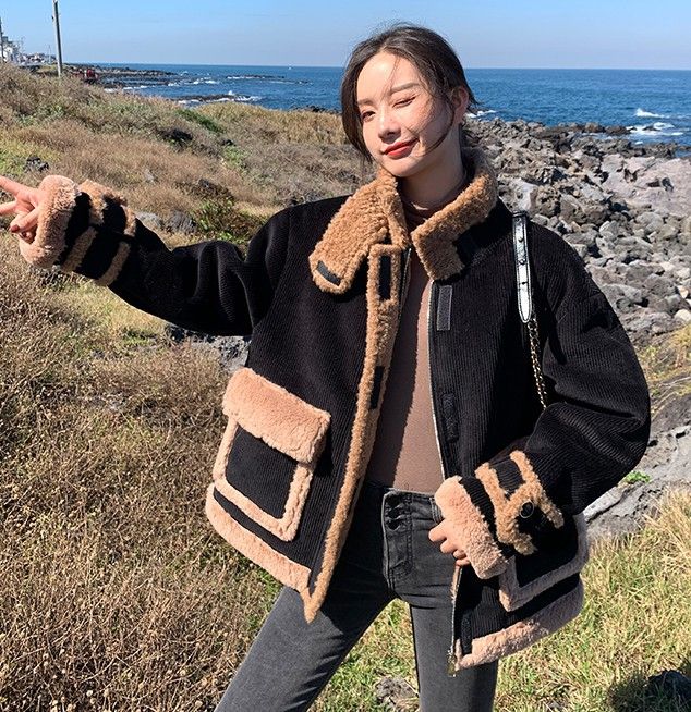 コーデュロイ 裏ボア ジャケット レディース アウター 冬 ゆったり オーバーサイズ ビッグシルエット カジュアル 黒 秋冬 韓国 ファッション コート ショート丈 スタンドカラー シンプル バレンタ