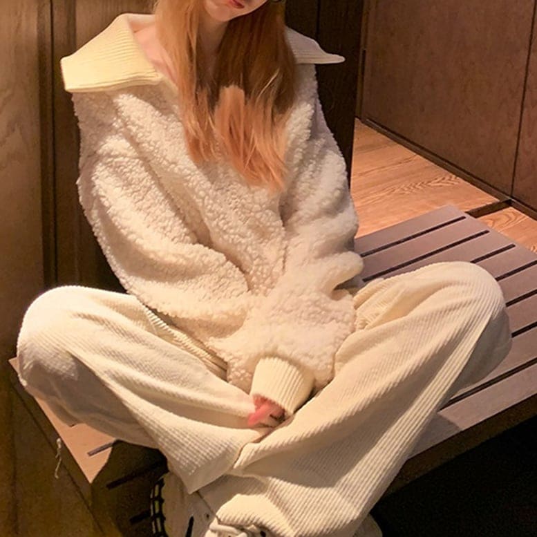 レディース 襟付きボアトップス ふわふわプルオーバー ボアニットポロ スウェット ニット セーター