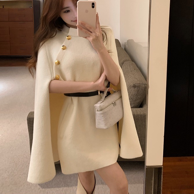 ワンピース レディース ミニ ミニ丈 ショート ショート丈 ケープ風 ニット ハイネック 二の腕カバー 無地 カジュアル シンプル かわいい 可愛い フェミニン ガーリー キュート 10代 20代