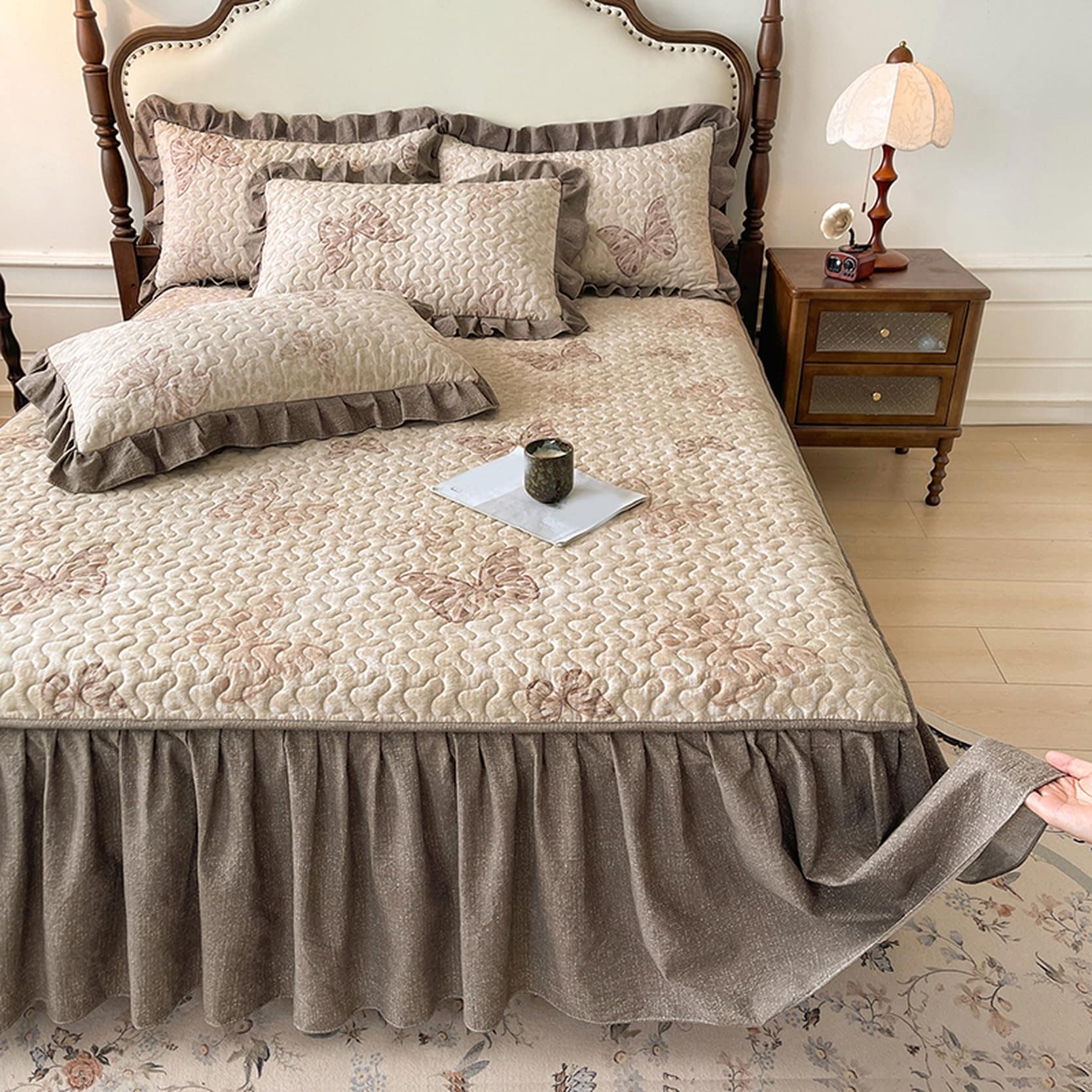 Fzigenle ベッドスカート 中綿 セミダブル ホワイト セット 洗いざらし 柔らかい レース付き ダブル A180*220 セミダブル カラーb13 キング 敷きシーツ 優雅 きれいめ エレガン