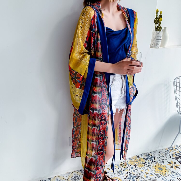 トップス カーディガン ロングカーディガン フード 長袖 ロング丈 ボヘミアン柄 プリント柄 薄手