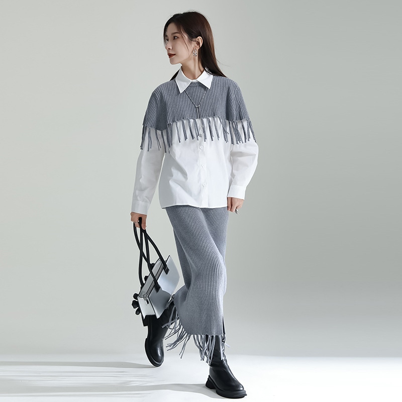 【J.Fashion】 秋 上下セット ニットセット ブラウス+ショール+スカート 個性的なデザイン 関連商品は店で購入可能 メガ割