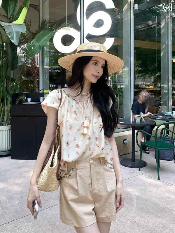 トップス レディース 上品 おしゃれ カジュアル Vネック 厚手 プリント シャツ レトロ 快適 夏