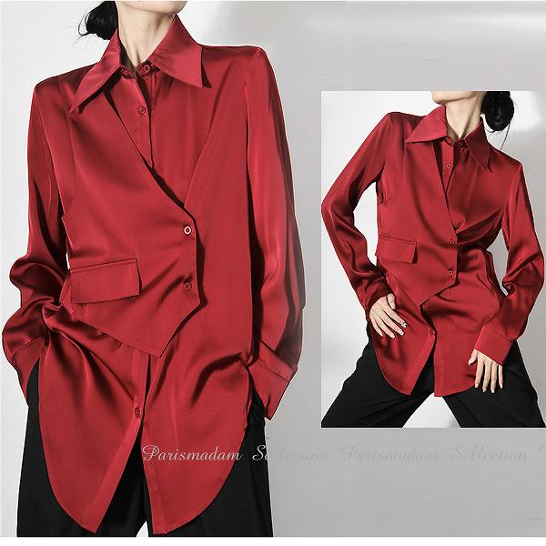 破格値ロングシャツ　オープンシャツ　変形デザイン　イレギュラー　ワイン　長袖　ほっそり効果大 20代30代40代50代　ミセス
