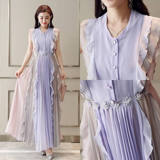 パーテイードレス ドレスワンピース きれいめワンピース ワンピース ドレス パーティードレス レディース ロングワンピース シフォン 袖なし ノースリーブ プリーツ マキシ丈 透け感 エレガント フェ