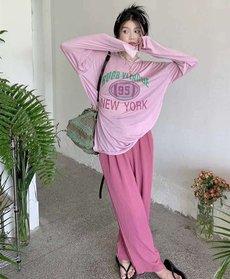 セットアップ ロンT ワイド パンツ レディース ツーピース 長袖 ラウンドネック カジュアル 上下セット 部屋着 普段使い ゆったり ルーズ 大きい 楽ちん ラフ 着回し ピンク パープル S M