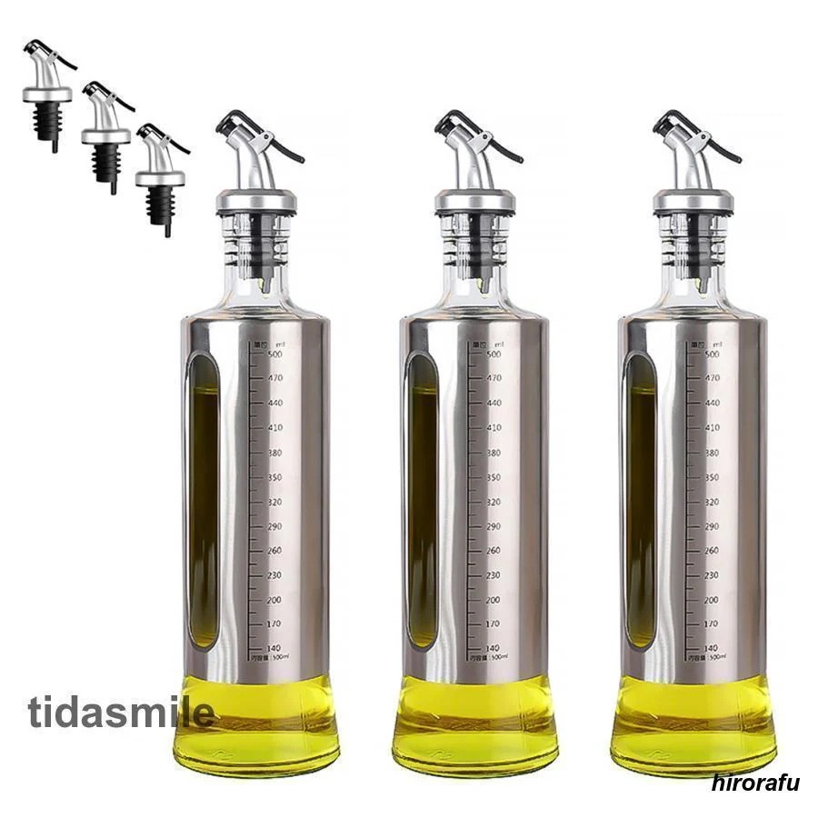 【人気商品】オイルボトル ガラス オリーブオイル 目盛り付き 3本セット 油入れ 液だれしない ヴィネガー ボトル 油さし 家庭用 調味料入れ 醤油 お酢 調味料ボトル