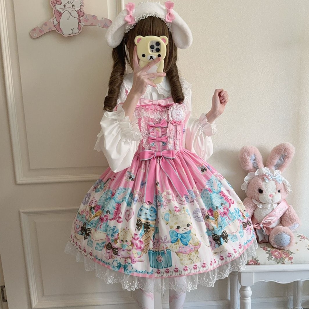 フラワーシルク言語ロリータドレス夏の女性のためのかわいいjskサスペンダードレス