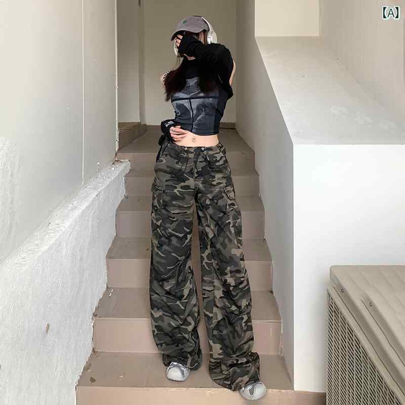 カーゴパンツ レディース ボトムス 迷彩 カモフラ アメリカ ワーク 作業着 夏 レトロ 巾着 ストレート ワイド レッグ
