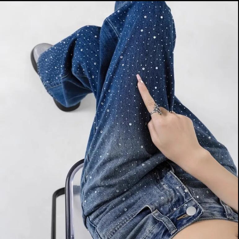 グラデーションストレートジーンズ女性の薄手ハイウエストで痩せ見えゆったりドリルワイドレッグスラックス