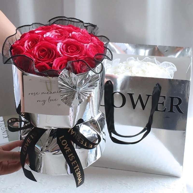 ミラーアルミ箔ブーケ完成ガールフレンドへのバレンタインデーギフトカラーソープフラワーブーケ 母の日