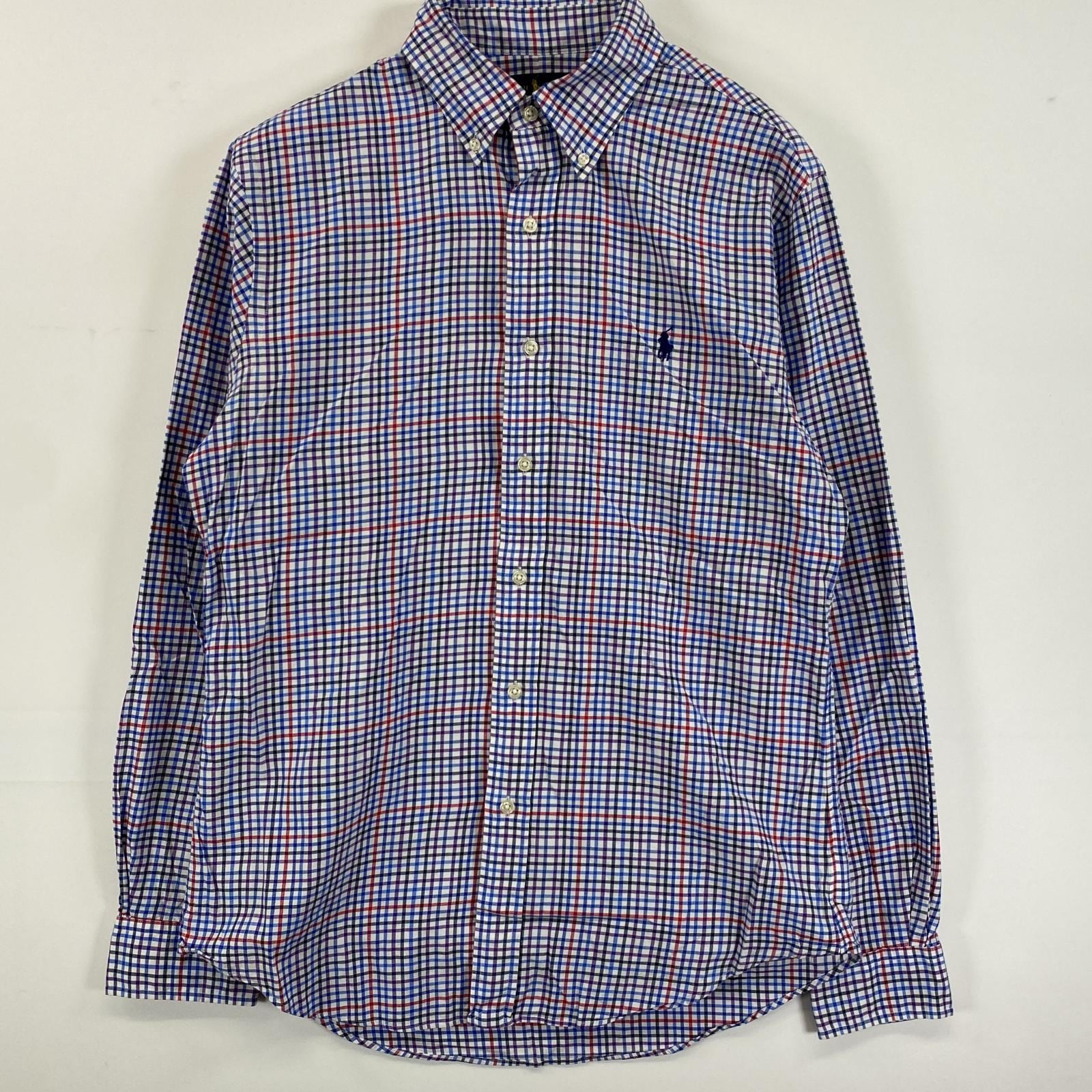 古着 長袖シャツ ボタンダウン ロゴ刺繍 ワンポイント M パープル系 チェック メンズ