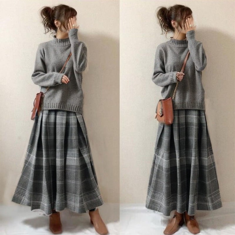 【韓国の人気爆発】 ハーフネック 長袖 ニット スカート チェック柄 プリーツ 2点セット レディース