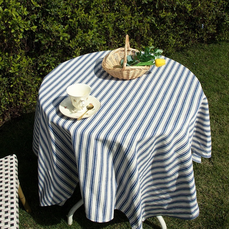 シンプルなストライプのテーブルクロス青いコーヒーテーブル生地小さな新鮮な文学的な長方形のテーブルクロス丸いテーブル