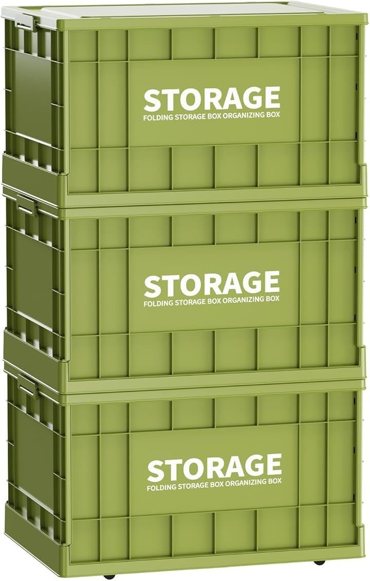 収納ボックス 折りたたみ式 大容量 コンテナボックス 蓋付き キャスター付き おしゃれ プラスチックケース クローゼット 押入れ 衣類(3個セット，オリーブグリーン, X-Large) 8,850円