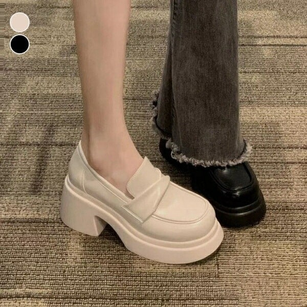 人气ローファーパンプス厚底パンプス5cmヒールレディース厚底太ヒールローヒールチャンキーヒールブラック黒大きいサイズ脚細見せシンプル定番PU無地ゆったり疲れにくい就活就職靴通勤通学