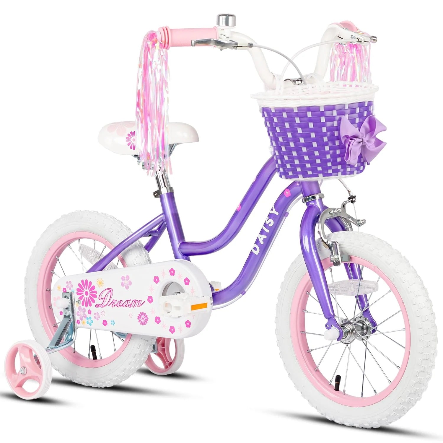 【Glerc】DAISY子供用自転車 可愛い女の子自転車 プリンセス気分 補助輪付き/前カゴ付き/ハンドル飾り付き 14/16インチ 四色
