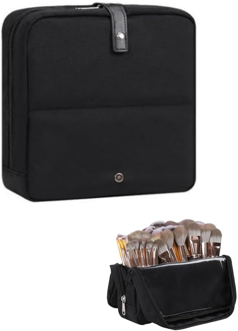 メイクブラシ収納ポーチ 化粧筆入れ 自立 仕切り板調節可能 大容量 透明カバー 蓋つき 80本以上入れ可能 お手入れしやすい プロ仕様 旅行 美容師収納(黒)