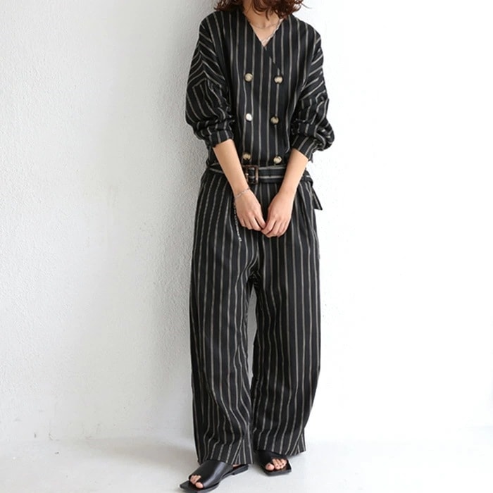 都会的大人のお出かけ一枚着ストライプオールインワン 送料無料・再再販メール便不可【212B】