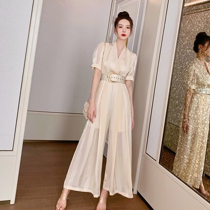 【取寄：納期2週間】オールンワン レディース ジャンプスーツ パンツドレス Vネック ワイドパンツ ウエストベルト エレガント きれいめ お呼ばれ 結婚式 パーティー オールンワン レディース