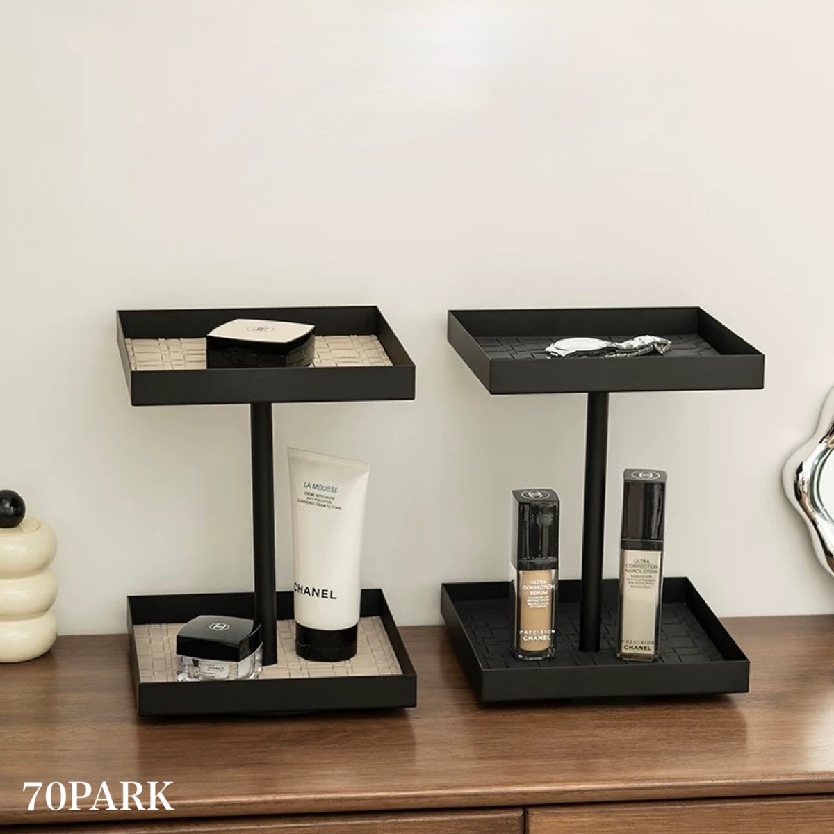 360度 回転 アイアン 編み込み レザー スクエア 二段 トレイ 全2色 収納 ラック おしゃれ 韓国インテリア 韓国雑貨 韓国っぽ インテリア雑貨 韓国 北欧 北欧インテリア 70PARK