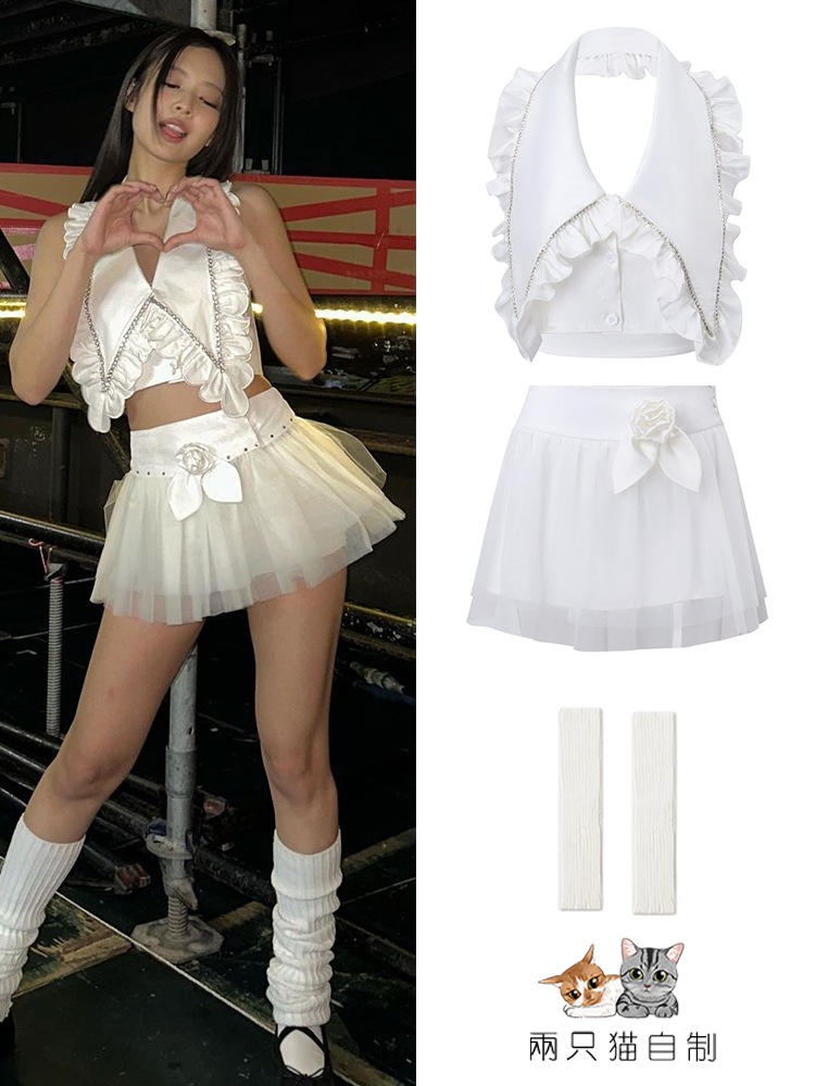 コンサートジンジーラペルトップvネックホルターベストメッシュパフスカート