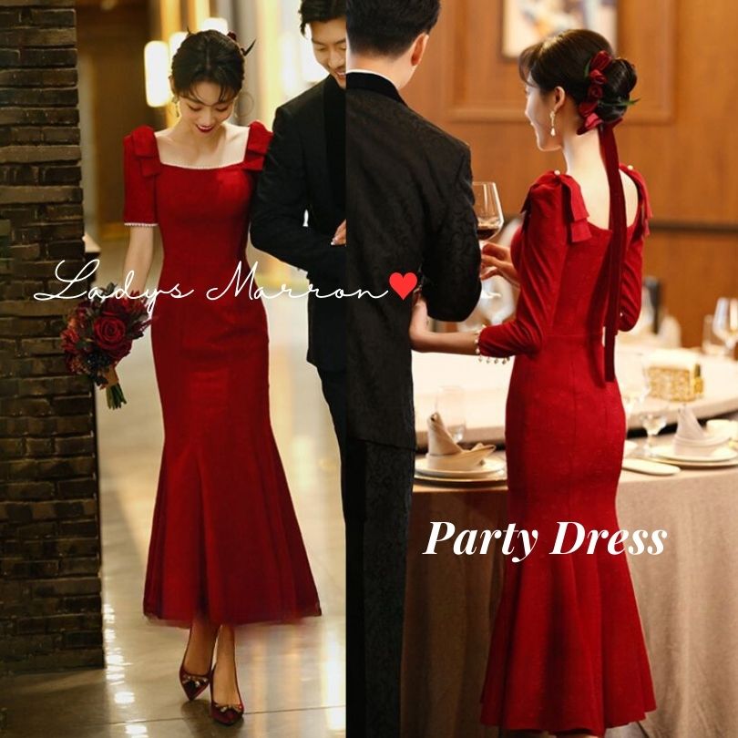 2点購入で200円割引プロモーション最終日 結婚式タイトドレス マーメイドドレス 同窓会ドレス 成人式ドレス お呼ばれドレス 赤ドレス 赤ワンピース 韓国 パーティードレス 冬 ロングドレス スクエア