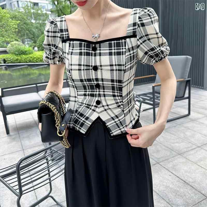 レディース トップス カジュアル おしゃれ 夏 フレンチ チェック パフスリーブシャツ ス 半袖 ス
