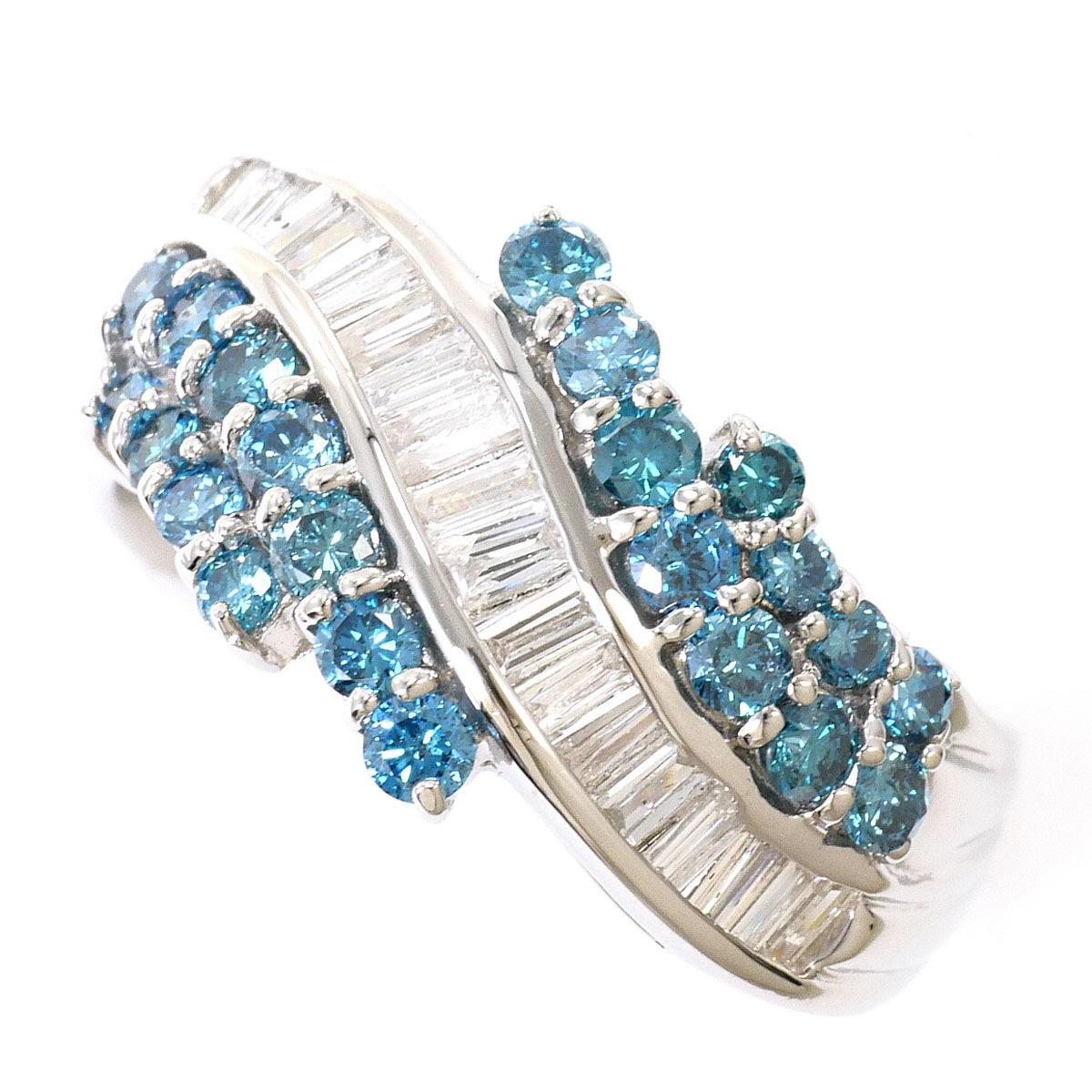 PT900 プラチナ リング・指輪 9号 ブルーダイヤ（トリートメント） ダイヤモンド 1.05ct カード鑑別書 総重量約6.5g 中古