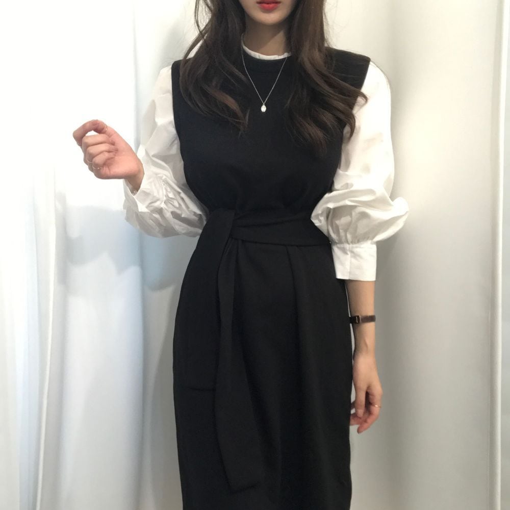 3色 リボン ワンピース 長袖 春 秋 きれいめ フォーマル フレア 膝丈 ひざ丈 膝下 ミディアム丈 ボリューム袖 ボリュームスリーブ Uネック ラウンドネック フレア セミフレア 細身 Iライン