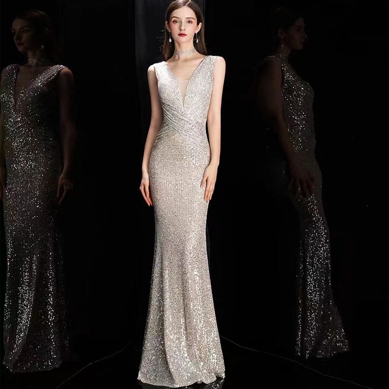 スパンコールのついたフィッシュテールのイブニングドレスの女性 2025 新しい気質のハイエンドのセクシーなハイエンドの主催宴会