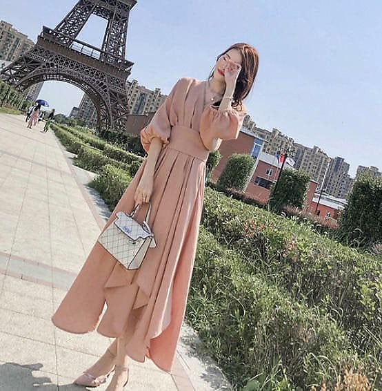 韓国 ファッション ワンピース ミモレ丈 アシンメトリー 長袖 フレア Vネック きれいめ 上品 お