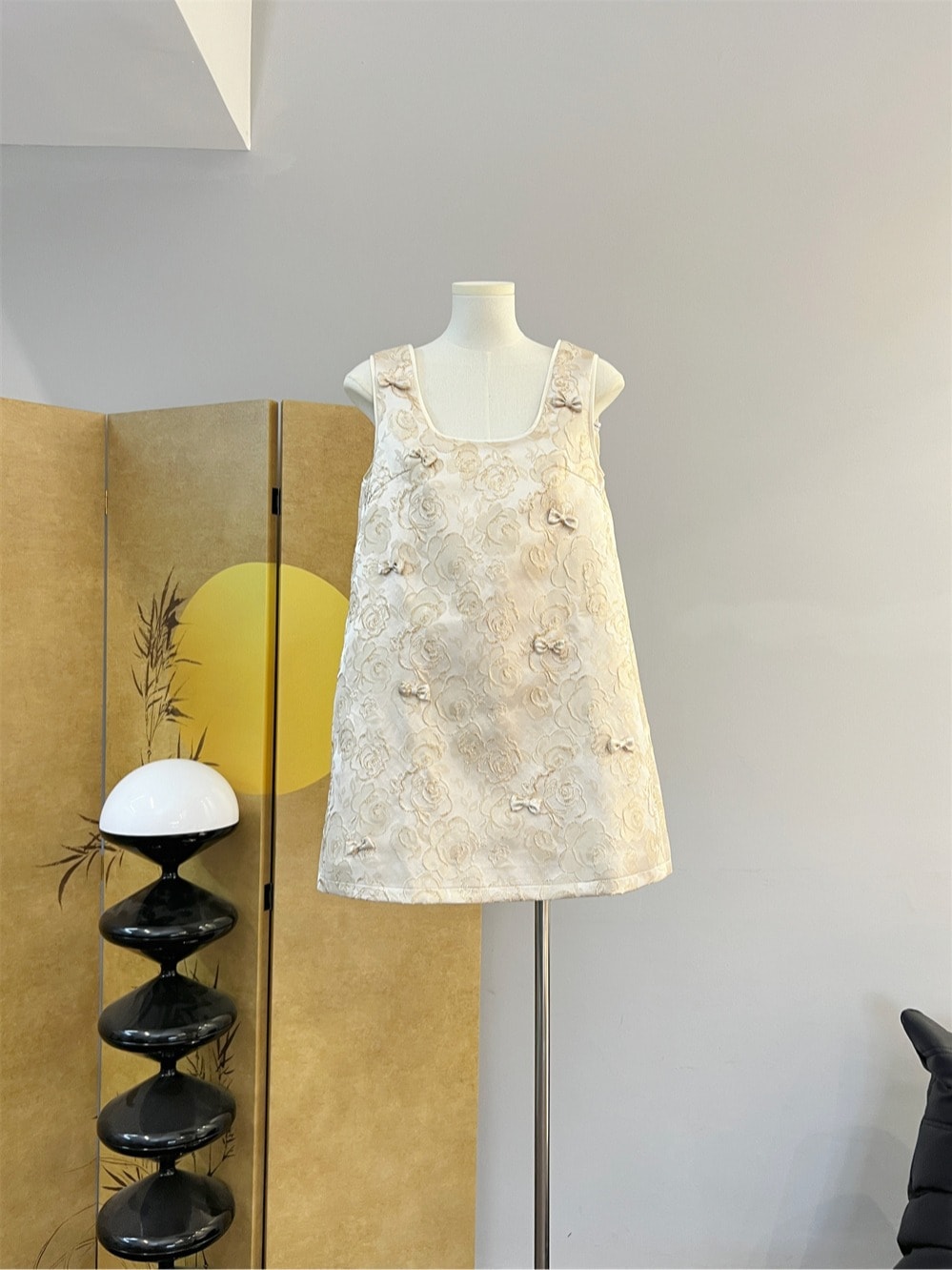 浅煎り茶枝ライト手作りボウタンクトップドレスノースリーブテクスチャーショートスカート夏N89