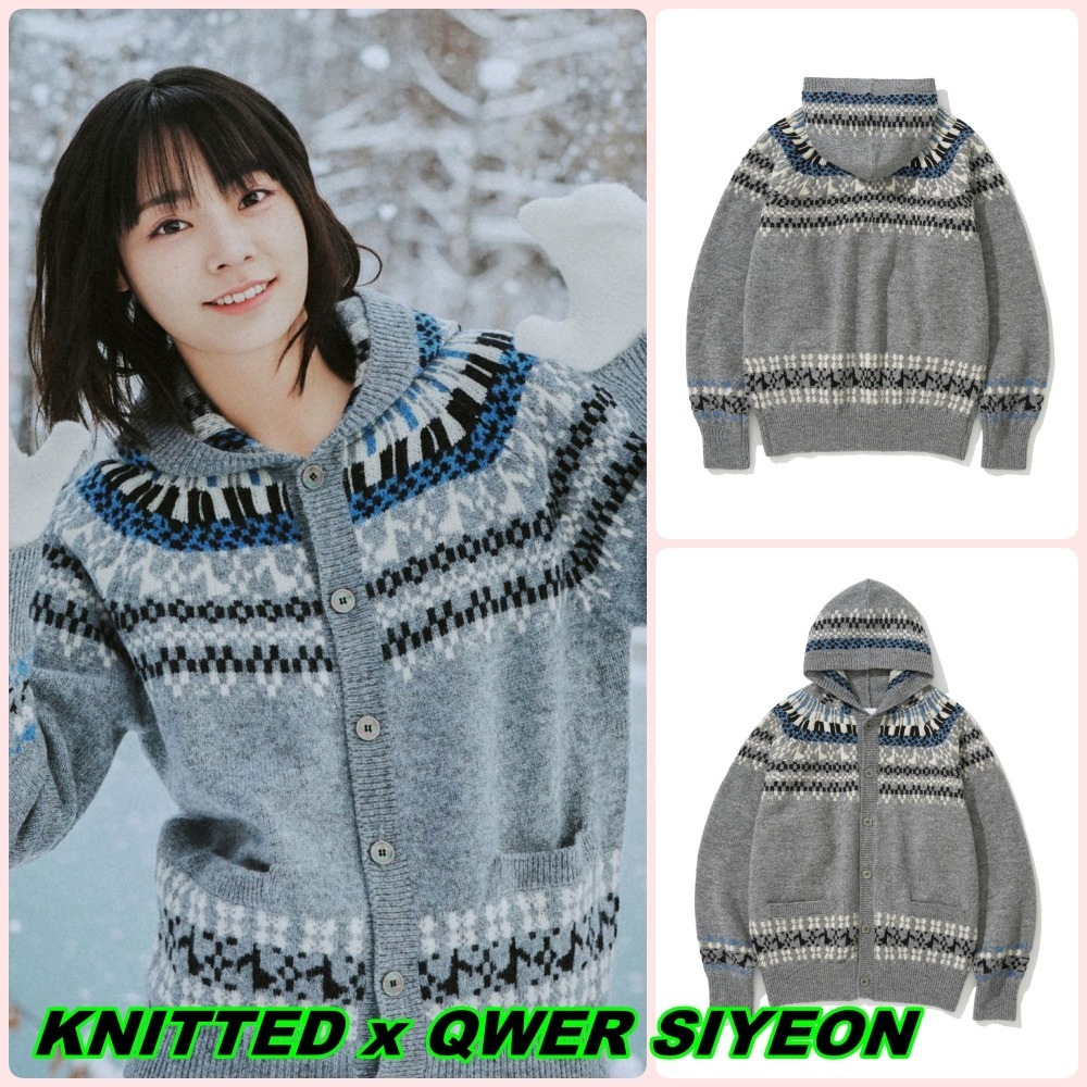 【KNITTED x QWER SIYEON】Nordic Melody Hoodie Cardigan Grey