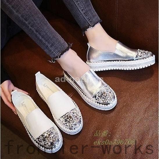 スリッポン スニーカー レディース 厚底 靴 フラット ビジュー ラインストーン 痛くない おしゃれ 白 カジュアル 歩きやすい 履きやすい