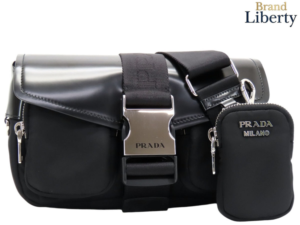新品同様プラダPRADAリナイロンRe-Nylonブラッシュドレザー斜め掛けショルダーバッグショルダーポーチポシェットポーチ付きNEROブラックリナイロン再生ナイロンカーフレザー1BD295