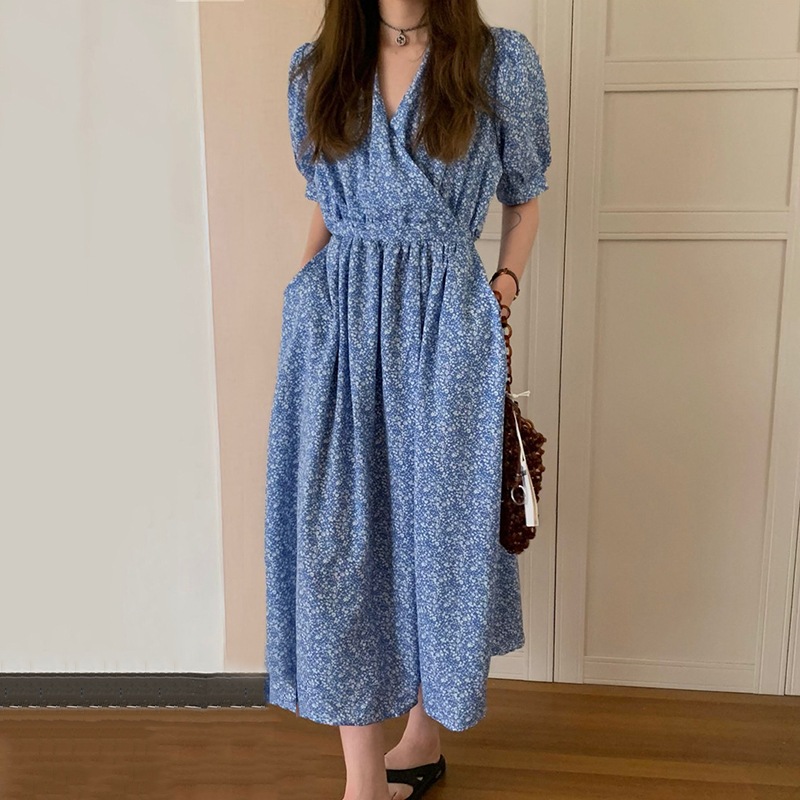 ワンピース フレアワンピース ミモレ ミモレ丈 ロング ロング丈 袖あり 半袖 パフスリーブ Vネック カシュクール フレア ハイウエスト かわいい 大人可愛い きれいめ シンプル カジュアル