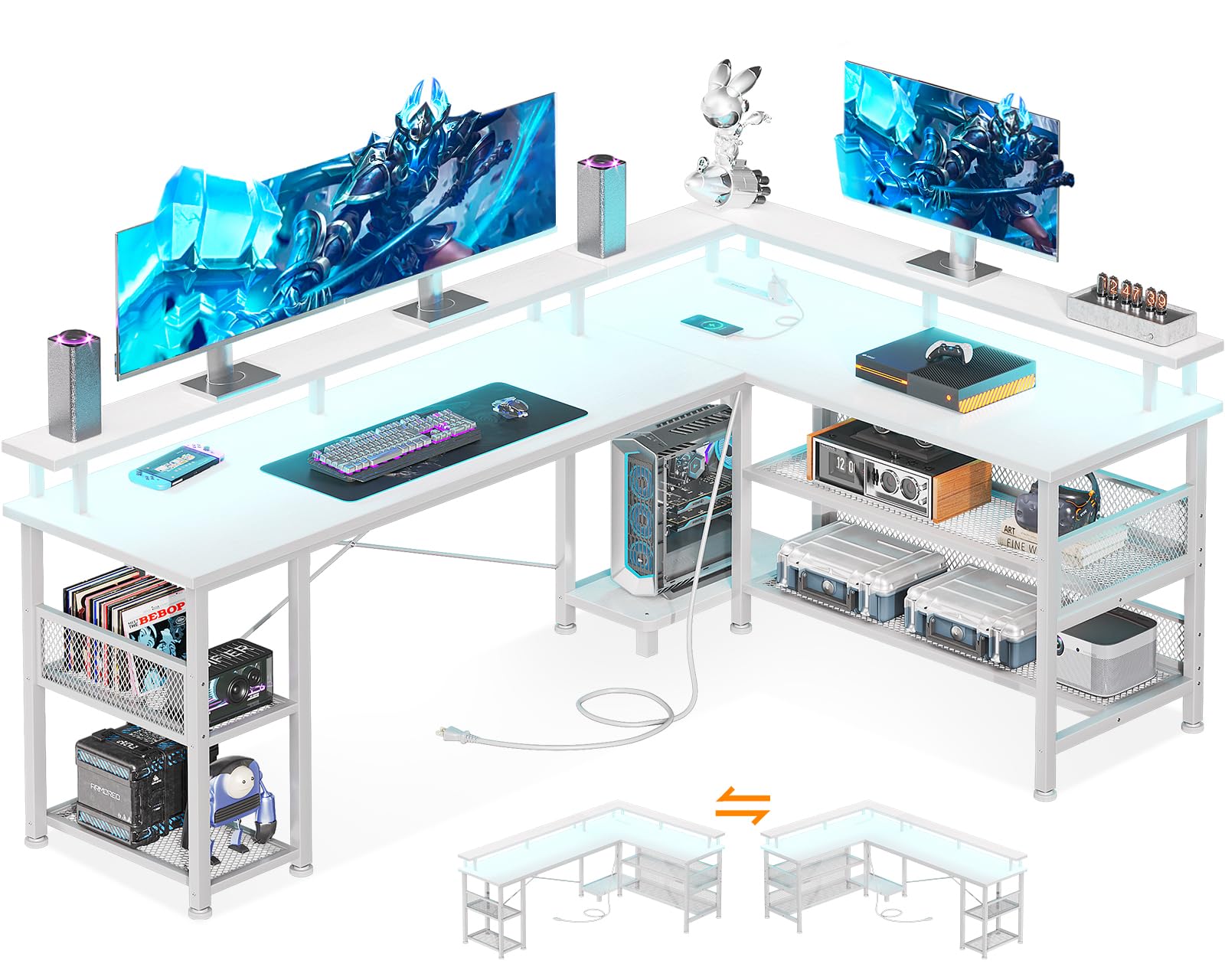 ゲーミングデスク パソコンデスク コンセント付き l字デスク 机 pcデスク LEDライト付き 勉強机 棚付き オフィスデスク 幅168 ワークデスク 桌子 在宅勤務 事務机 組立 78457