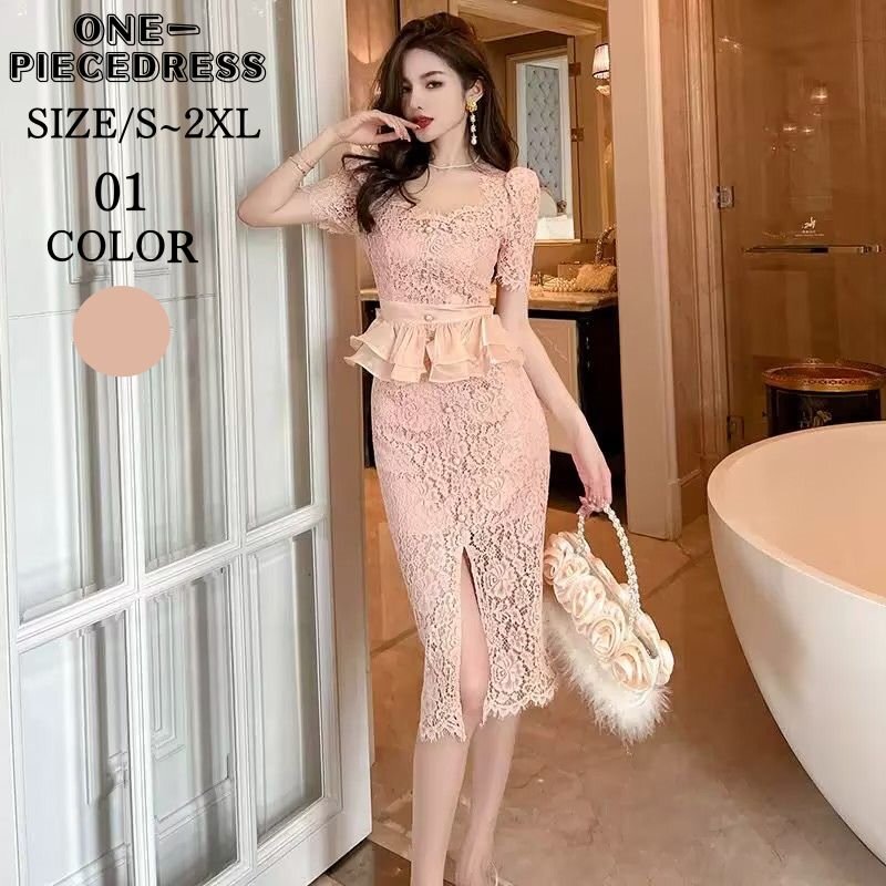 ワンピスドレス　チュールレース　ペプラムフリル　タイトフィット　パーティードレス　セクシードレス　切り替え　半袖　姫系　セクシー上品 大人 きれいめ キャバ嬢　お水　結婚式 20代 30代 40代 ピ