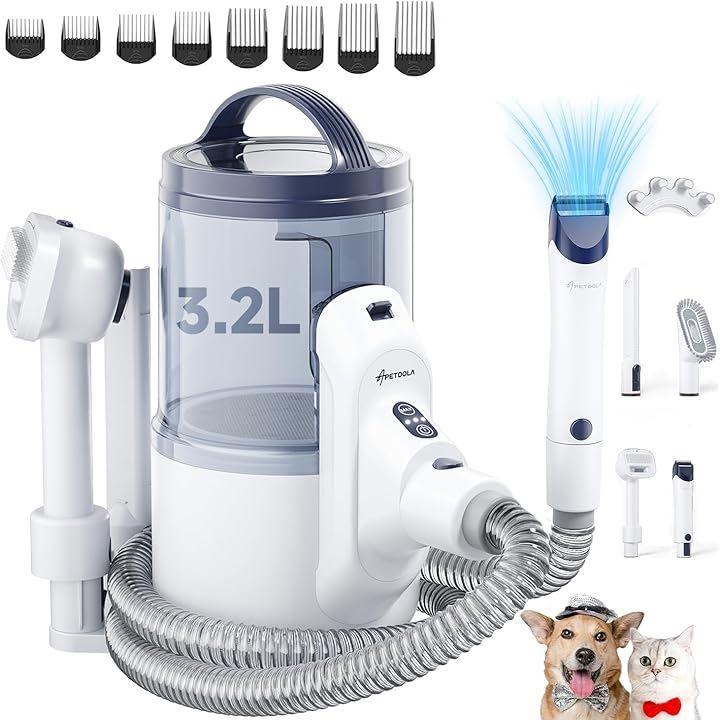 ペット用バリカンセット 5in1 ペットグルーミングセット 換毛期対策 犬 猫美容器 多機能掃除機 3.2L 3段階の吸引力18Kpa( ホワイトブルー)