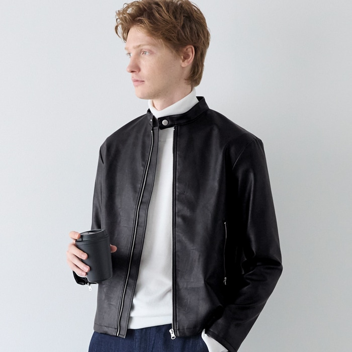 フェイクレザーシングルライダースジャケット メンズ アウター ライトアウター ファスナー ポケット カジュアル きれいめ シンプル 長袖 送料無料/メール便不可