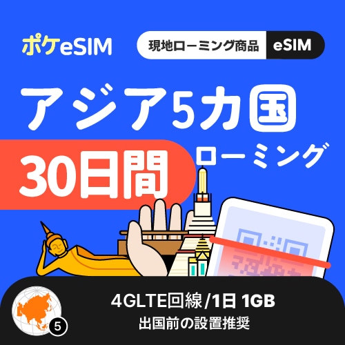 【冬のスペシャルプライス！】アジア5カ国eSIM 1日1GB 30日間 有効期限90日 タイ ベトナム シンガポール マレーシア インドネシア