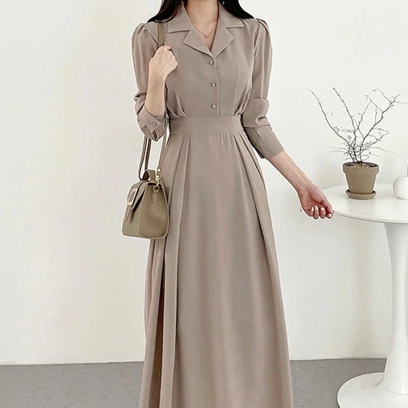 ワンピース ウエスト引き締め カジュアル シャツワンピース バブル袖 韓国 気質 ドレス スーツ 長袖 パーティードレス春服 ワンピース 着痩せ