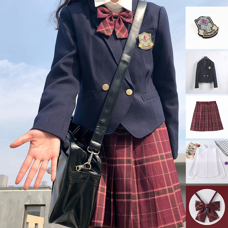 5点セット（ネイビーブレザー+スカート+リボン+ブラウス+バッチ) 入学式定番ブレザー制服スクールジャケットイベントチェックスカート就職活動面接アウターコート 卒業式