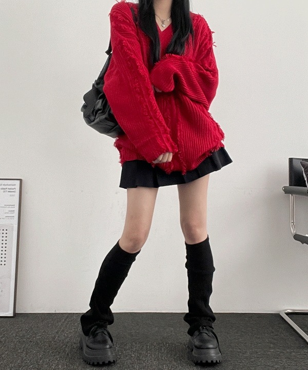 [ビッグサイズ] オーバーサイズ グランジ ストリート ルーズフィット タッセル ポイント Vネック ニット(3color) 4,902円