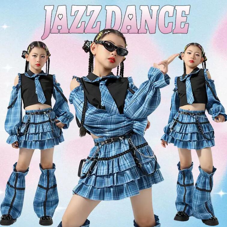 女の子ジャズヒップホップダンス衣装hiphop jazz チアガールチェック柄舞台ダンスウェアフレアスカートミニ丈パフスリーブ袖長袖ｔシャツネクタイ切り替え子供ステージ衣装 体育祭 発表会イベ