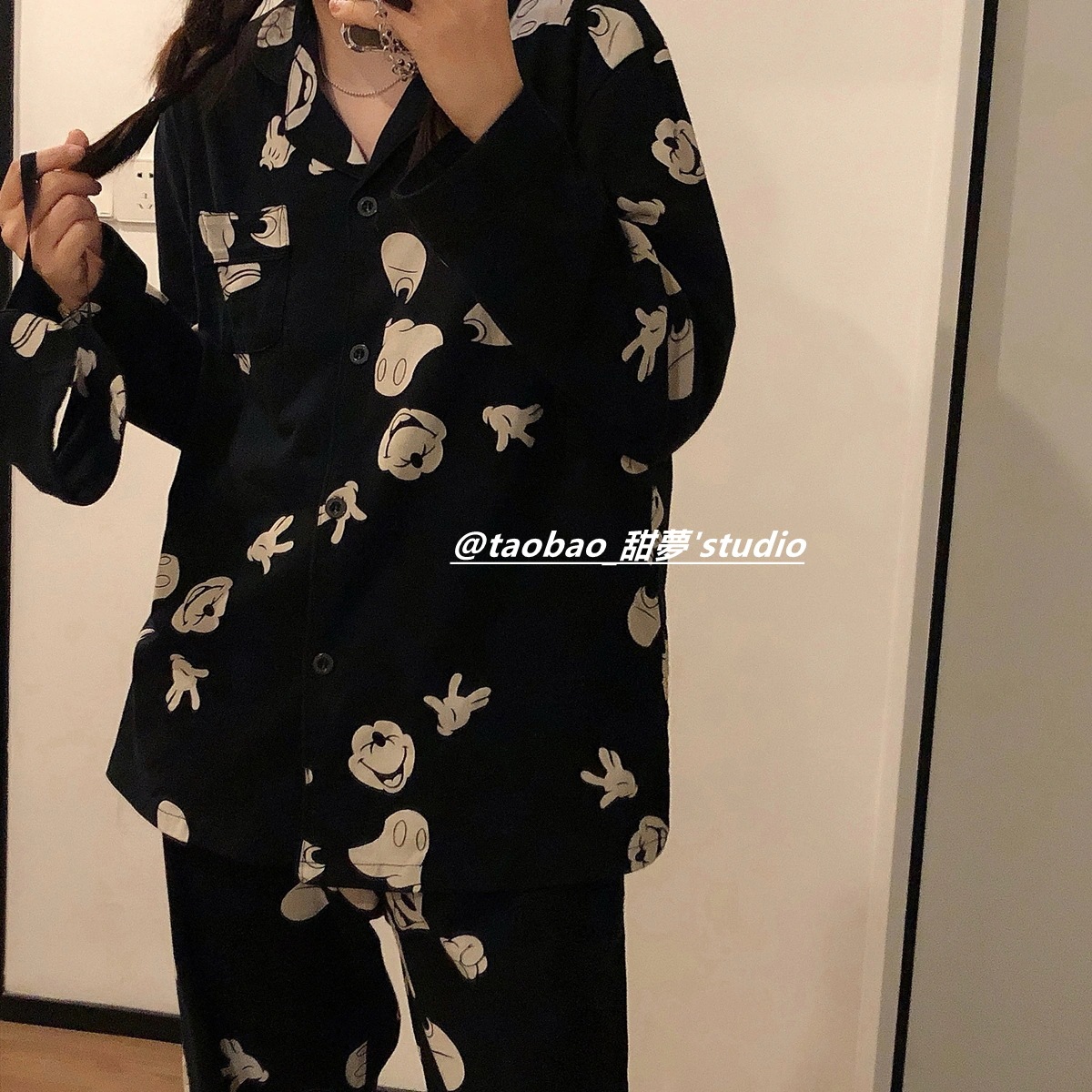 【最安値挑戦】外でも着用可能黒ミッキーパジャマレディース春秋長袖カップルツーピースコットンホーム服30％割引 品質良い