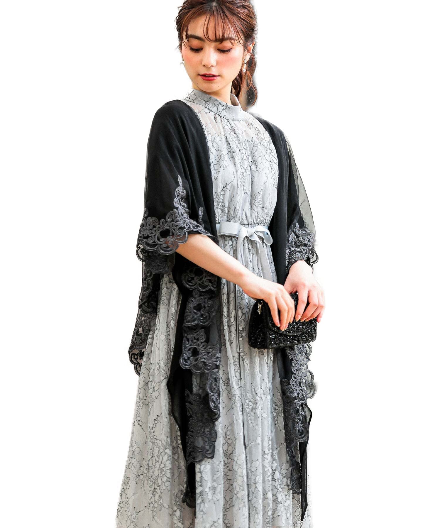 [niana] 結婚式 袖付き ストール ショール レース 刺繍 シフォン ラメ asa81419