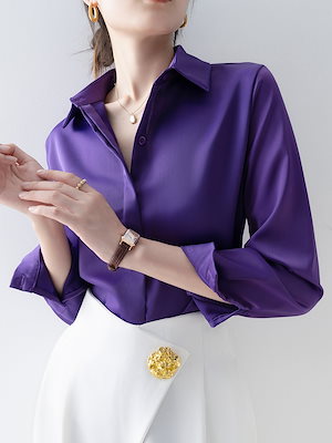 【1点ご購入 で10点プレゼントいたします】シャツ2025早春ブラウスブラウスパープルサテンブラウス高級感超きれい小柄春秋トップス